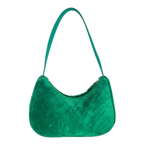 Vtg H&M Emerald Green Quilted Fuzzy Plush Hobo Handbag Lined Crescent Gold Zip - Picture 1 of 5